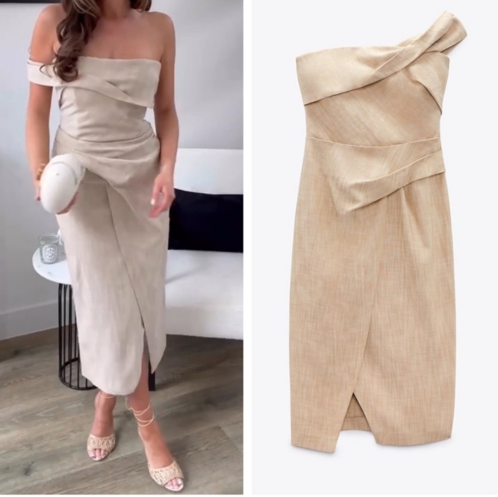 Zare Asymmetrical Slip Linen Fabric Like‎ Dress In Taupe Brown Size XS